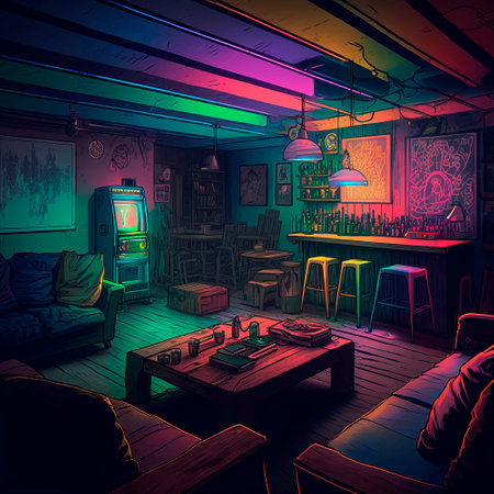 cozy basement lounge with board games, TV and neon lights. High quality illustrationの素材