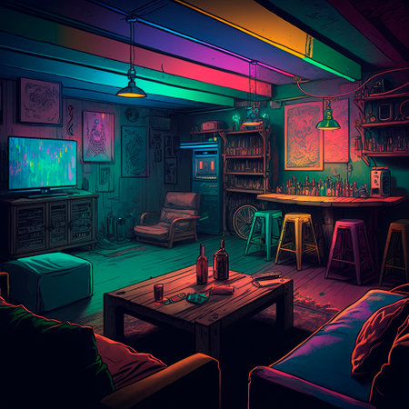 cozy basement lounge with board games, TV and neon lights. High quality illustrationの素材