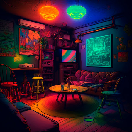cozy basement lounge with board games, TV and neon lights. High quality illustrationの素材