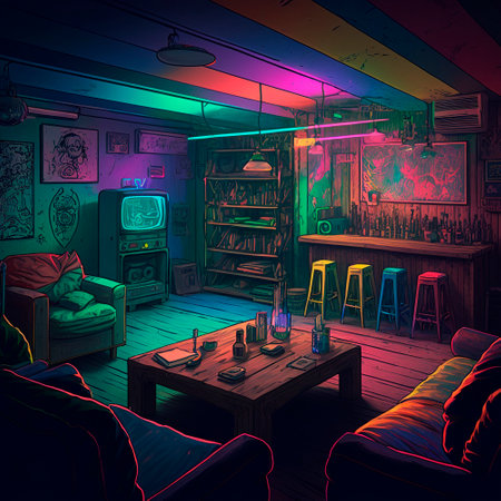 cozy basement lounge with board games, TV and neon lights. High quality illustrationの素材