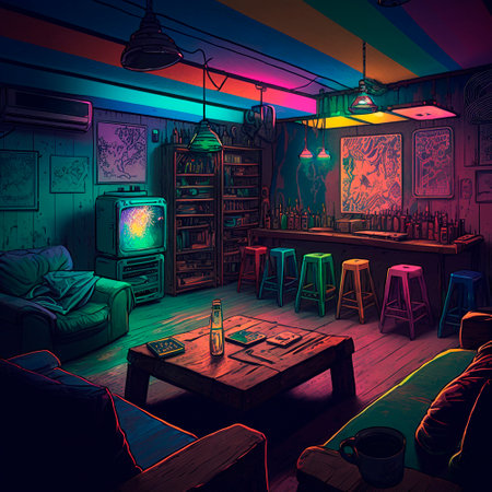 cozy basement lounge with board games, TV and neon lights. High quality illustrationの素材
