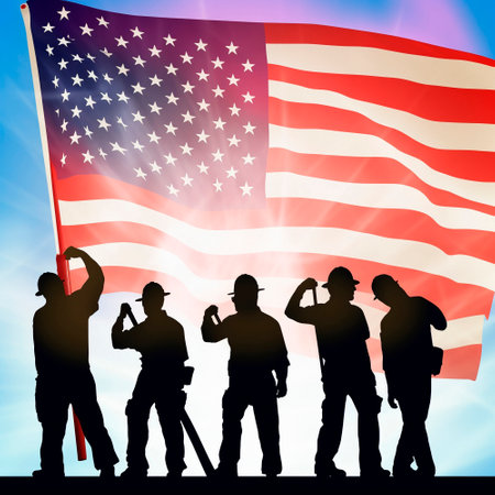 Labor Day, the union of all workers. Workers on the background of the flag. High quality illustrationの素材