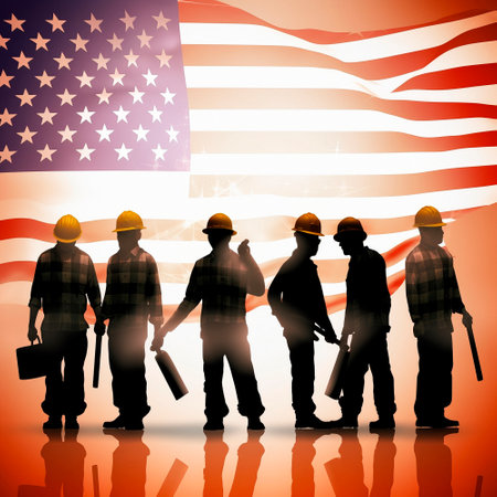 Labor Day, the union of all workers. Workers on the background of the flag. High quality illustrationの素材