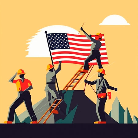 Labor Day, the union of all workers. Workers on the background of the flag. High quality illustrationの素材