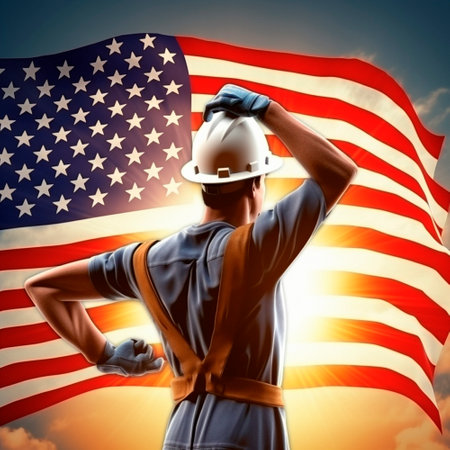 Labor Day, the union of all workers. The guy on the background of the flag. High quality illustrationの素材