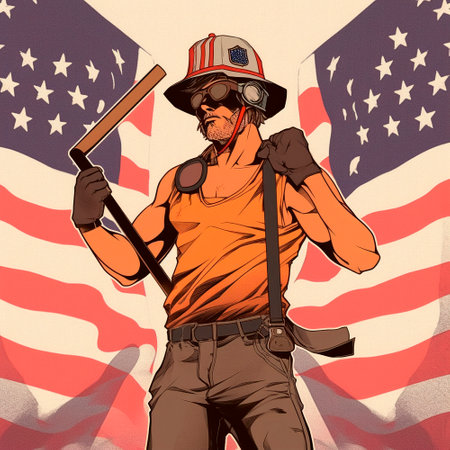 Labor Day, the union of all workers. The guy on the background of the flag. High quality illustrationの素材