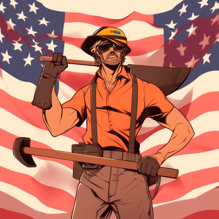 Labor Day, the union of all workers. The guy on the background of the flag. High quality illustrationの素材