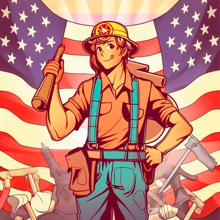Labor Day, the union of all workers. Girl on the background of the flag. High quality illustrationの素材