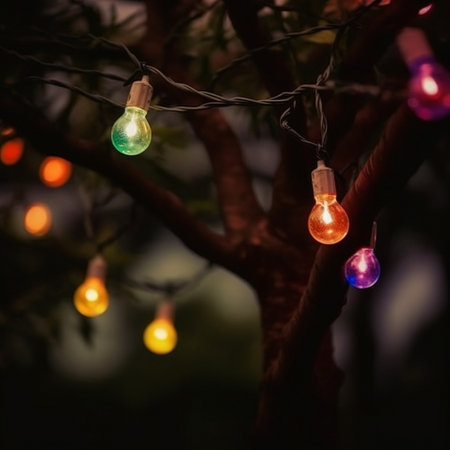 Garlands on trees glow in the night. High quality illustrationの素材