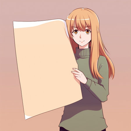 An anime-style girl stands against a large blank sheet of paper. High quality illustrationの素材