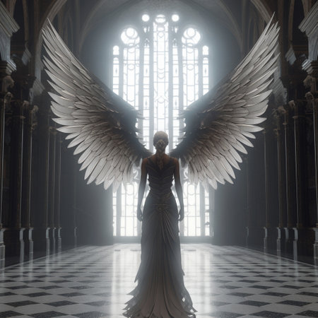 A beautiful girl met an angel in the cathedral . High quality illustrationの素材