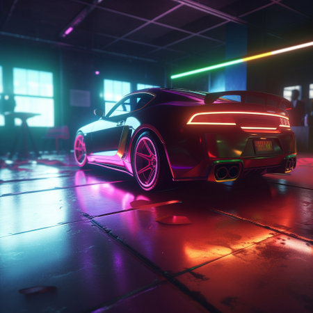 Photorealistic sports car in neon lighting. High quality illustrationの素材