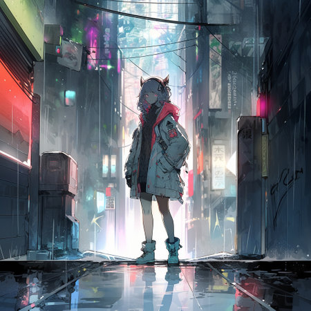 A girl in the style of cyberpunk and anime. High quality illustrationの素材