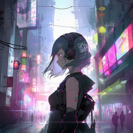 A girl in the style of cyberpunk and anime. High quality illustrationの素材