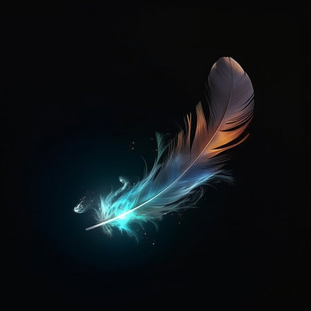 A colorful illustration of a mysterious feather enveloped in a blue glow. High quality illustrationの写真素材