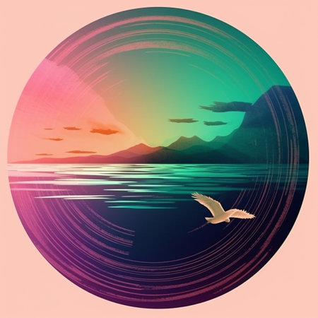 Colorful abstract illustration with seagulls on the sea. High quality illustrationの写真素材