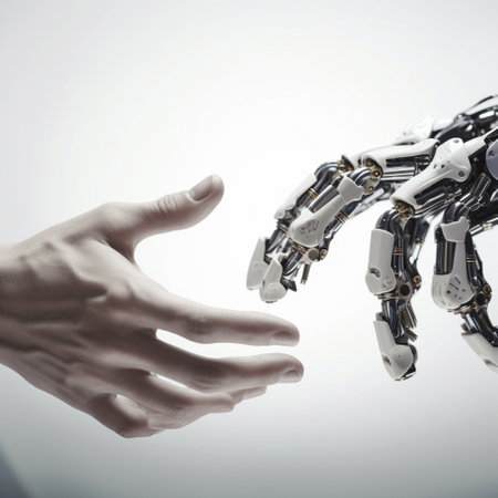 The human hand reaches out to meet the cybernetic. High quality illustrationの写真素材