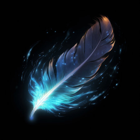 A colorful illustration of a mysterious feather enveloped in a blue glow. High quality illustrationの写真素材