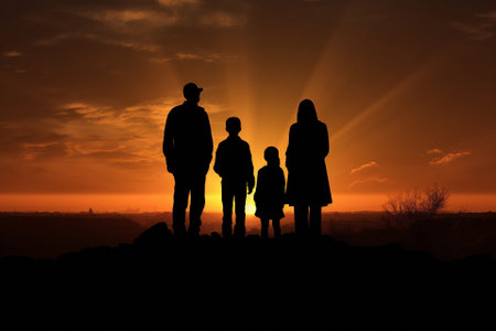 iluets of a happy family on the background of a colorful sunset. High quality photoの素材