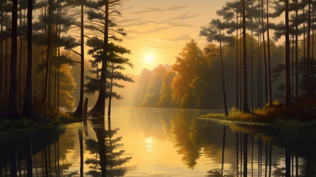 A beautiful colorful illustration of a summer landscape with a mountain lake among a pine forest . High quality illustrationの素材