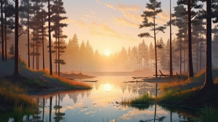 A beautiful colorful illustration of a summer landscape with a mountain lake among a pine forest . High quality illustrationの素材