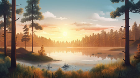 A beautiful colorful illustration of a summer landscape with a mountain lake among a pine forest . High quality illustrationの素材