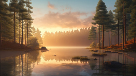 A beautiful colorful illustration of a summer landscape with a mountain lake among a pine forest . High quality illustrationの素材