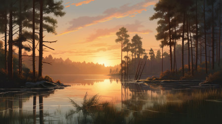 A beautiful colorful illustration of a summer landscape with a mountain lake among a pine forest . High quality illustrationの素材