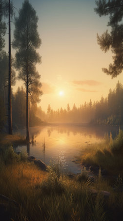 A beautiful colorful illustration of a summer landscape with a mountain lake among a pine forest . High quality illustrationの素材