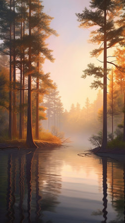 A beautiful colorful illustration of a summer landscape with a mountain lake among a pine forest . High quality illustrationの素材