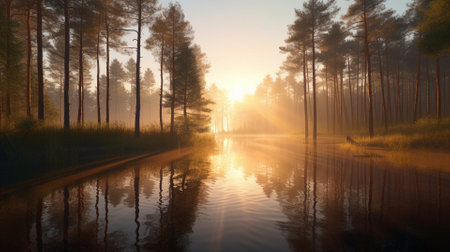A beautiful colorful illustration of a summer landscape with a mountain lake among a pine forest . High quality illustrationの素材