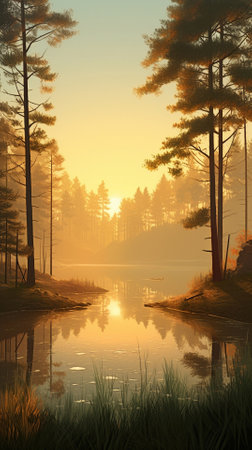 A beautiful colorful illustration of a summer landscape with a mountain lake among a pine forest . High quality illustrationの素材