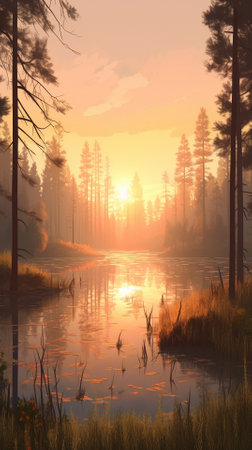 A beautiful colorful illustration of a summer landscape with a mountain lake among a pine forest . High quality illustrationの素材