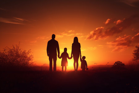 iluets of a happy family on the background of a colorful sunset. High quality photoの素材