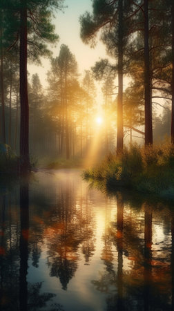 A beautiful colorful illustration of a summer landscape with a mountain lake among a pine forest . High quality illustrationの素材