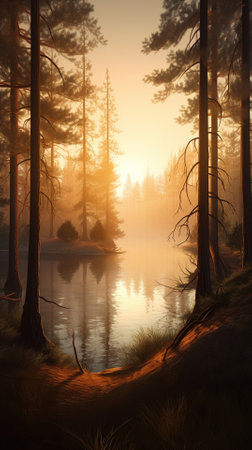 A beautiful colorful illustration of a summer landscape with a mountain lake among a pine forest . High quality illustrationの素材