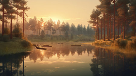 A beautiful colorful illustration of a summer landscape with a mountain lake among a pine forest . High quality illustrationの素材