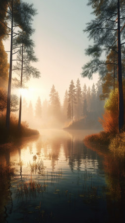 A beautiful colorful illustration of a summer landscape with a mountain lake among a pine forest . High quality illustrationの素材