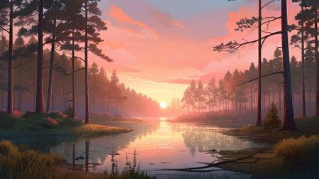 A beautiful colorful illustration of a summer landscape with a mountain lake among a pine forest . High quality illustrationの素材