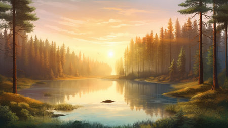 A beautiful colorful illustration of a summer landscape with a mountain lake among a pine forest . High quality illustrationの素材
