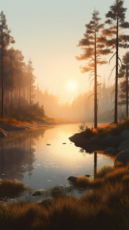 A beautiful colorful illustration of a summer landscape with a mountain lake among a pine forest . High quality illustrationの素材