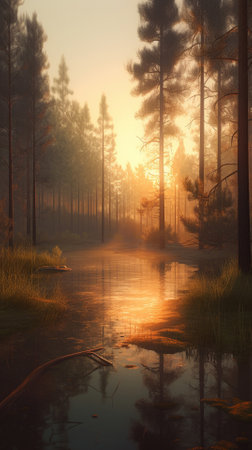 A beautiful colorful illustration of a summer landscape with a mountain lake among a pine forest . High quality illustrationの素材