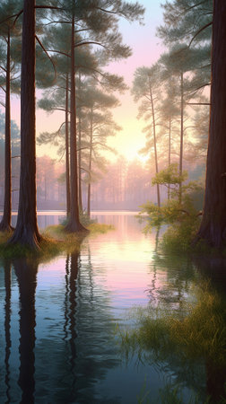A beautiful colorful illustration of a summer landscape with a mountain lake among a pine forest . High quality illustrationの素材