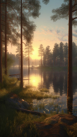 A beautiful colorful illustration of a summer landscape with a mountain lake among a pine forest . High quality illustrationの素材