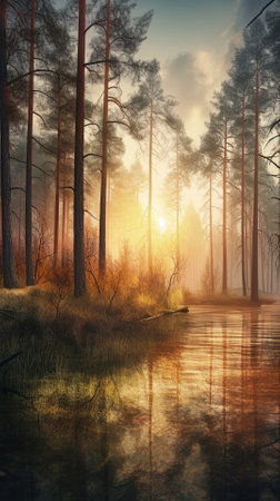 A beautiful colorful illustration of a summer landscape with a mountain lake among a pine forest . High quality illustrationの素材