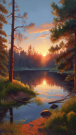 A beautiful colorful illustration of a summer landscape with a mountain lake among a pine forest . High quality illustrationの素材