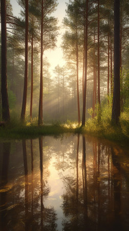 A beautiful colorful illustration of a summer landscape with a mountain lake among a pine forest . High quality illustrationの素材