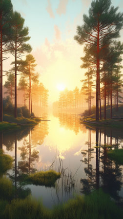 A beautiful colorful illustration of a summer landscape with a mountain lake among a pine forest . High quality illustrationの素材