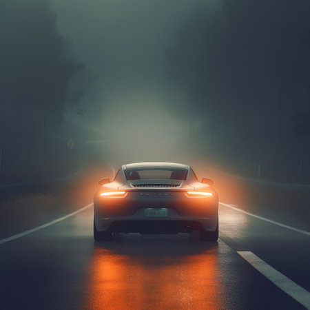 The car is driving along a gloomy road in the rain. Cinematic scene with deep dark tones and cinematic lighting. High quality photoの素材