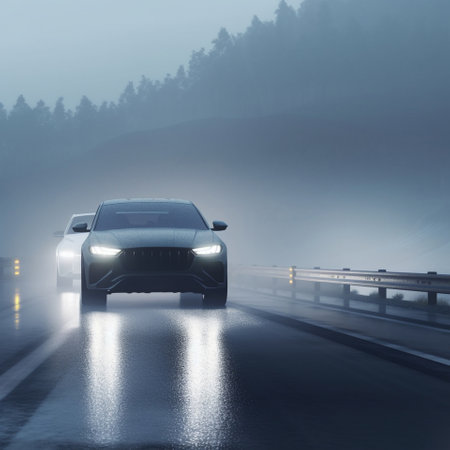 The car is driving along a gloomy road in the rain. Cinematic scene with deep dark tones and cinematic lighting. High quality photoの素材